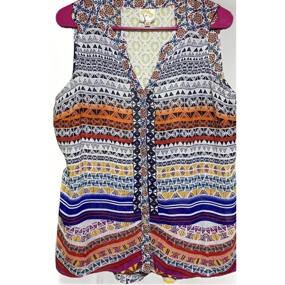 fig and flower Sleeveless Lace Top Women PL Colorful Button Down-Shirt Boho